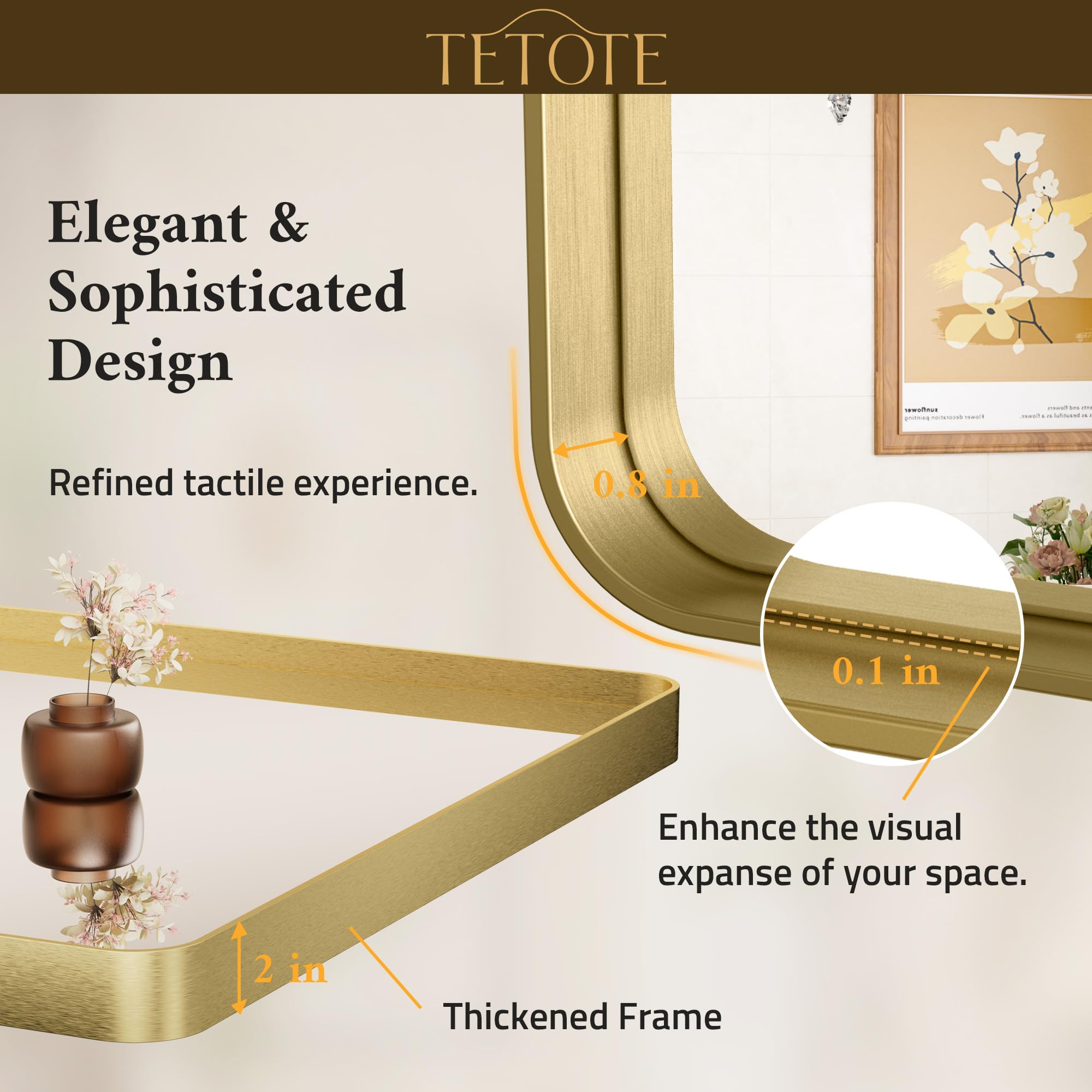 Tetote Brushed Gold Bathroom Mirror, 24 X 36 Inch Metal Framed Mirror, Brushed Brass Rectangle Wall Mounted Golden Vanity Mirror